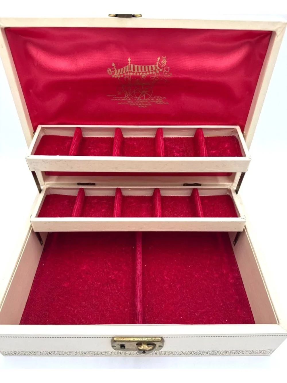 Vtg Ivory Jewelry Box Red Velvet Lining & Gold Accent Details Two-Tier Storage